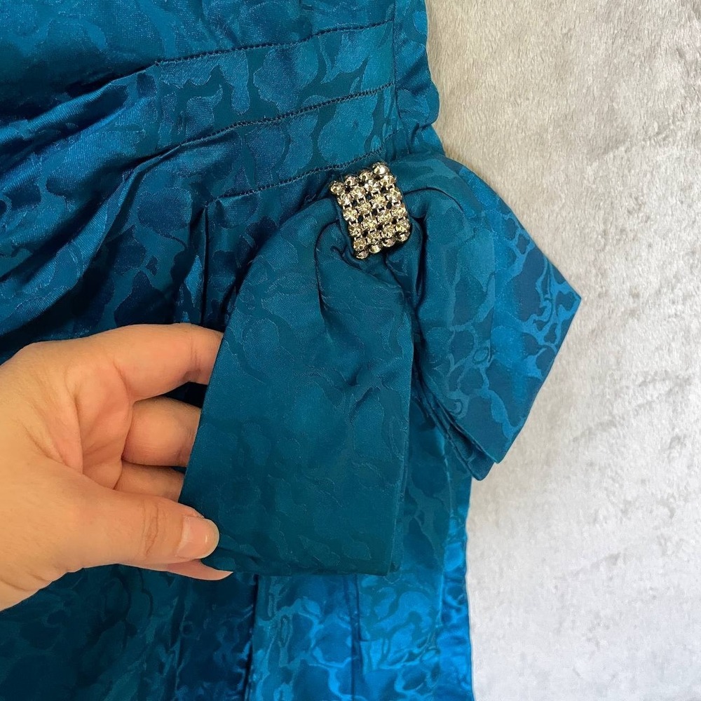 Vintage AJ Bari 100% Silk Teal Floral Ruched Ruffle Sleeve Cocktail Dress Size 8 - Picture 10 of 13